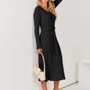 ANRABESS Womens Long Sleeve Fall Dress 2025 V Neck A-line Tie Waist Ribbed Knit Bodycon Midi Sweater Dresses Black Medium (Black, M)