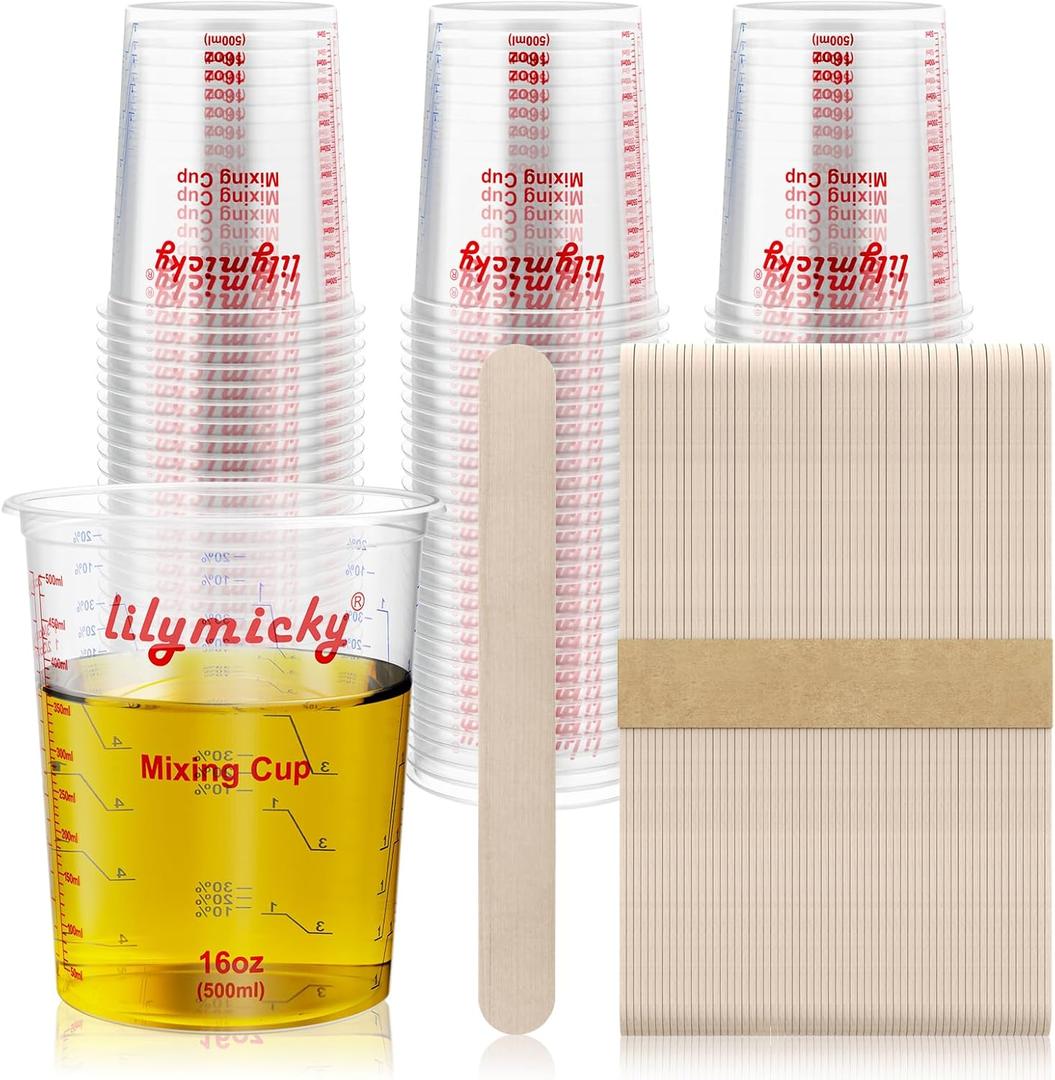 Lilymicky 16 oz Plastic Mixing Cups, 50 Pack 16 oz (500ml) Disposable Measuring Cups with 50 Wooden Mixing Sticks, Can Be Used for Epoxy Resin, Liquid Measuring, Paint, Cooking and Baking