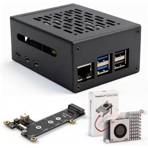 Premium Metal Case with PCIe NVMe Hat and Low Noise Bearing System Fan&Heatsinks Cambo for Raspberry Pi 5 (8GB or 16GB RAM)