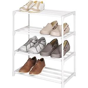 4-Tier Small Shoe Rack, Metal Stackable Kids Shoe Shelf Storage Zapateras Organizer,Narrow Shoe Rack Sturdy for Closet Hallway Entryway Living Room Bedroom (White)