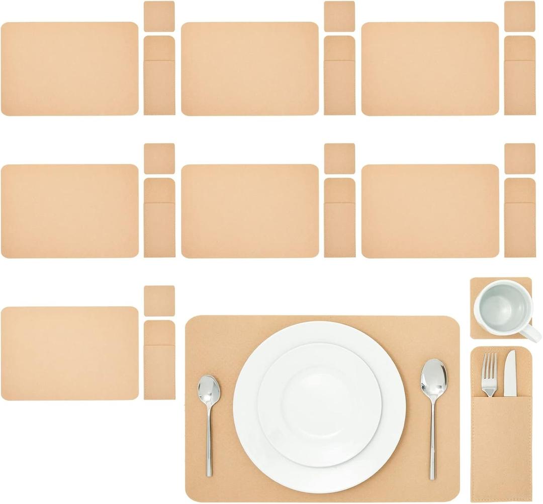 Juvale Felt Table Placemats Set of 8 for Dining Table and Kitchen Decor with Drink Coasters and Cutlery Pouches (Light Brown, 24 Pieces)