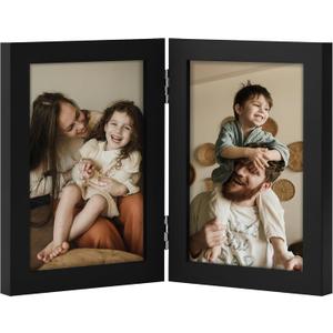 decorUhome Double 4x6 Picture Frame Vertical, Engineered Wood Bifold Photo Frame with Plexiglass for Tabletop Display, 4x6, Black