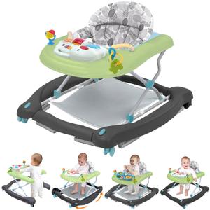 Pawtong Foldable Baby 5-in-1 Activity Walker - Rocker, Activity Center, Bouncer, Seat Walker, Push Walker - Adjustable Speed Rear Wheels and Height Toys Ages 6-18 Months (Green)