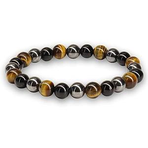 Crystal Vibe Triple Protection Bracelet - 8mm Beaded Bracelet for Women Men - Natural Stones of Tiger Eye, Hematite, Black Obsidian - Healing Crystal Bracelet for Anxiety Relief - Adjustable Size