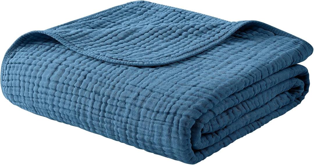 Yoofoss Muslin Blanket 100% Organic Cotton Throw Large 50" x 60" for Bed Couch Summer Gauze Blanket for Adults Lightweight and Breathable Dark Blue