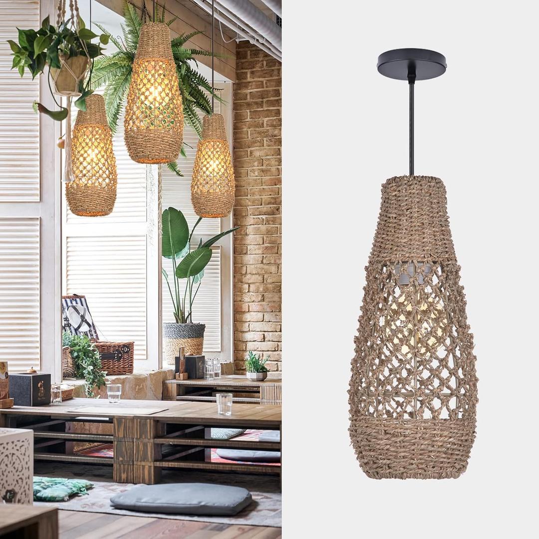 Arturesthome 1 Light Boho Rattan Pendant Light Fixtures, Mini Farmhouse Natural Chandelier Pendant Light, Retro Wicker Hanging Lamp for Kitchen Island (5.8"x13.75")