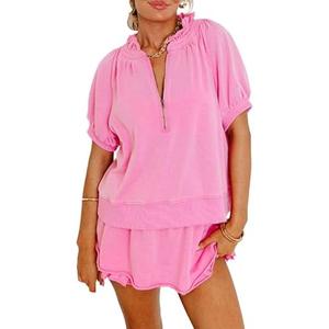 KevaMolly Women's 2 Piece Lounge Sets Casual Short Sleeve Outfits Half Zip Puff Sleeve Top and Ruffled Shorts Set, XL