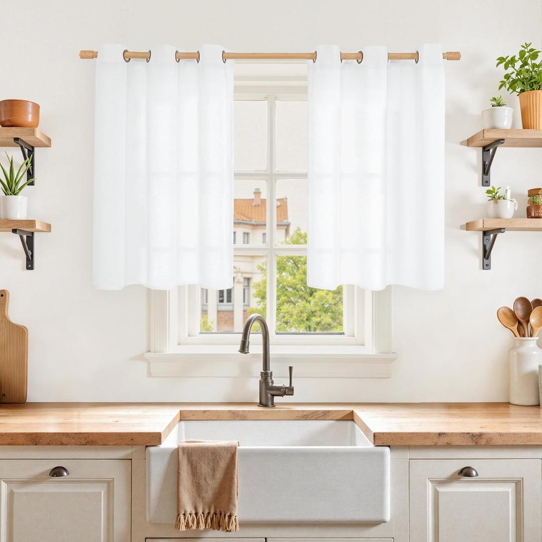 YoungsTex White Linen Curtains 36 Inch Length for Kitchen Window, Short Drapes Light Filtering with Bronze Grommet for Bathroom Bedroom Decorative, 42 X 36 Inch