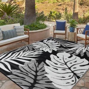 Outdoor Rug 9x12 ft Waterproof, Reversible Outdoor Plastic Straw Rug for Patios Clearance, Outdoor Area Rug Carpet RV Mat for Camping Backyard Deck Porch (Black&white-leaves)