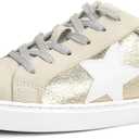 PARTY Women's Fashion Sneaker Lace Up Low Top Comfortable Cushioned Walking Shoes, Podcast, Gold Met, 8.5