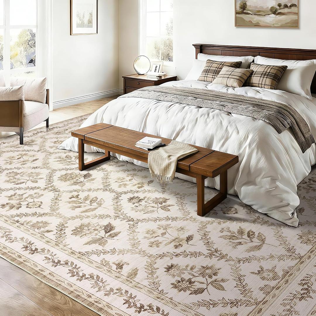 Tan Brown Living Room Rug 5x8 Soft Boho Rug, Light Coffee Boho Farmhouse Counrty Distressed Non-Slip Faux Wool Carpet, Machine Washable for Dining Dorms Room, Beige Tan Floral Floor Covering