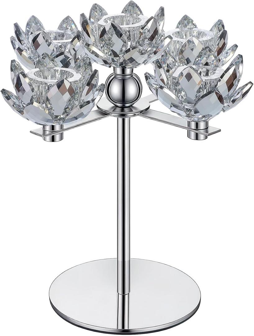 9" Tall Crystal Candle Holders Lotus Candelabras Silver Arch Candlestick, Centerpiece Table, Home Hecor for Wedding, Dinning Room, Coffee Table, Kitchen, Living Room (5 Arms, Taper Candle)