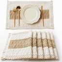 FEXIA Boho Placemats Set of 4, Macrame Table Decor Farmhouse Style Placemats in Natural Cotton Burlap, for Kitchen and Dining Table Centerpiece Home Decorations（Beige & Brown）