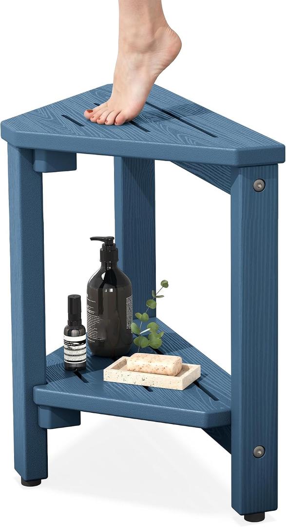 SERWALL 15" Shower Foot Rest for Shaving Legs, Waterproof Corner Shower Stool for Inside Shower, HDPE Shower Bench with Storage Shelf, Load 360Lbs, Indoor/Outdoor Use, Blue