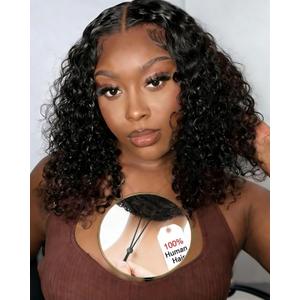 Curly Bob Wig Human Hair Deep Wave 13x4 HD Lace Front Wigs Human Hair for Black Women Pre Plucked Wear and Go Glueless Short Frontal Wet and Wavy Wig 14 Inch