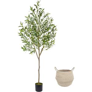 Warmplants Artificial Olive Tree, 6ft Tall Fake Olive Leaves Plant with Basket, Indoor Outdoor Faux Olive Topiary Silk Tree for Home Livingroom Office Dcor