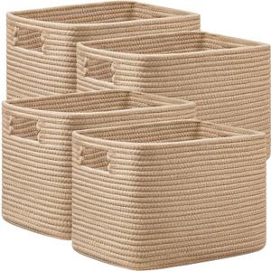 UBBCARE 4 Pack Storage Baskets for Organizing, Shelf Baskets with Handles, Woven Storage Baskets for Bookcase/Cube Shelf/Closet, 14.5"L x 9.8"W x 9"H, Brown
