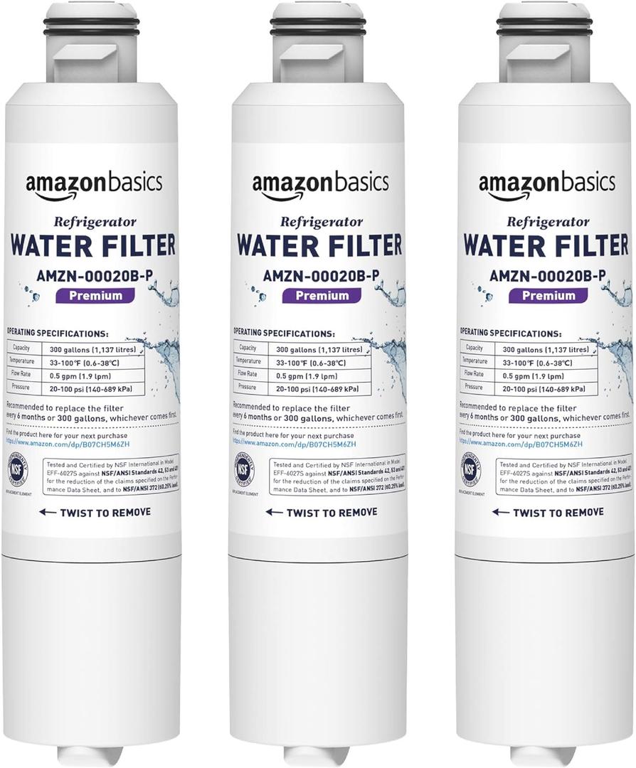 Amazon Basics Replacement Samsung DA29-00020B Refrigerator Water Filter Cartridge, NSF Certified, Reduces Contaminants, 3-Pack