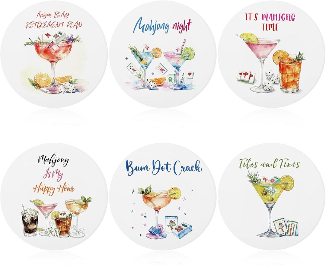 6 Pcs Mahjong Cocktail Coasters 4 Inches Round Ceramic Absorbent Drink Coasters Decorative Mahjong Lover Gifts for Christmas Kitchen Table Decoration for Kinds of Cups, Drink, Table Game