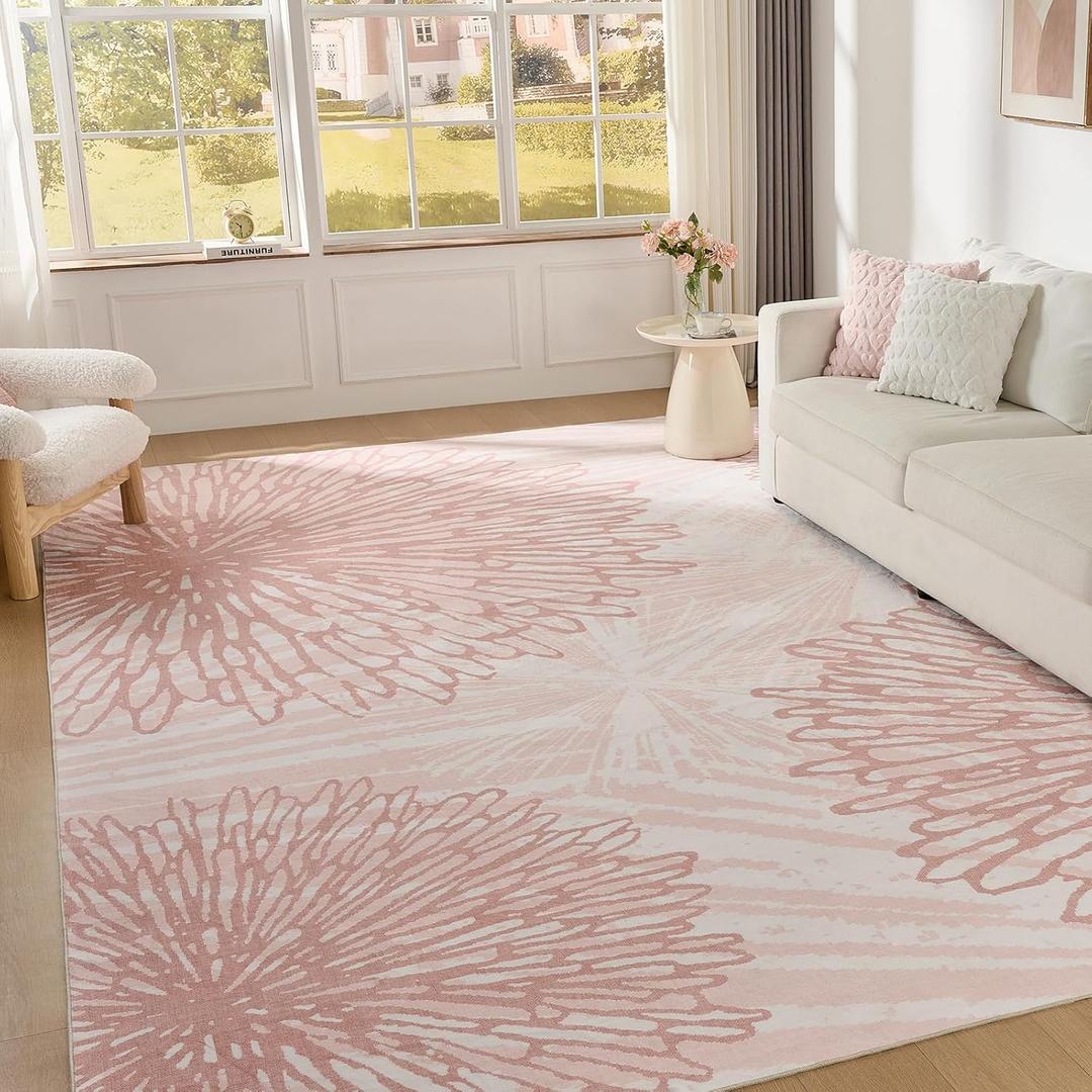 Pink Rugs for Bedroom Girls: 9x12 Modern Large Washable Soft Cute Boho Floral Pattern Area Rug Neutral Indoor Floor Non-Slip Carpet for Living Room Dining Nursery Kids Playroom Baby Room House Decor