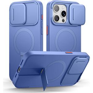 SURITCH for iPhone 15 Pro Max Case with Magnetic Camera Slide Cover and Adjustable Kickstand, Compatible with MagSafe, Shockproof Bumper Case Slim Protective Cover 6.7 Inch, Starlight Blue