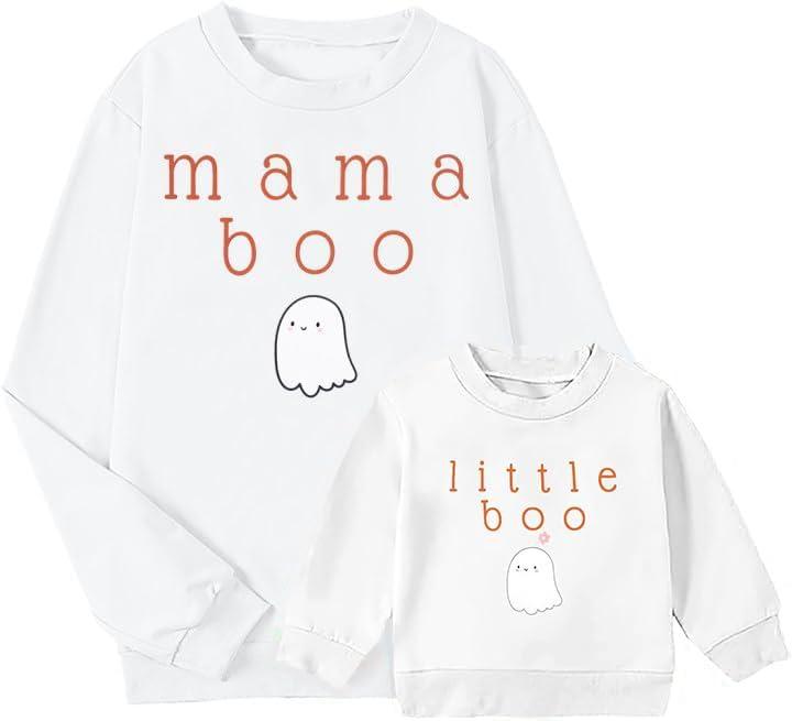 JINTING Mommy and Me Matching Outfits Halloween Little Boo Sweatshirt Spooky Mama Long Sleeve Shirt Tops (White, XXL)
