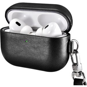 ICARER AirPod Pro 3 Case with Strap, 100% Geniune Leather Case, Handmade Top Grade Vintage Cover, Shockproof Protective Wireless Charging Cover, Compatible with AirPod Pro 3 2025 Model (Black)
