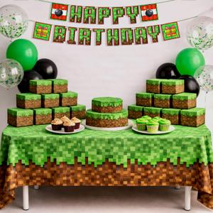 27 Pcs Pixel Birthday Party Supplies for Birthday Decorations Pre-strung 10ft Miner Happy Birthday Banner Pixel Miner 2 Pcs Table Cover 51x86 InchTreat Boxes 24 Pcs Pixel Video Game Birthday Decorations Set