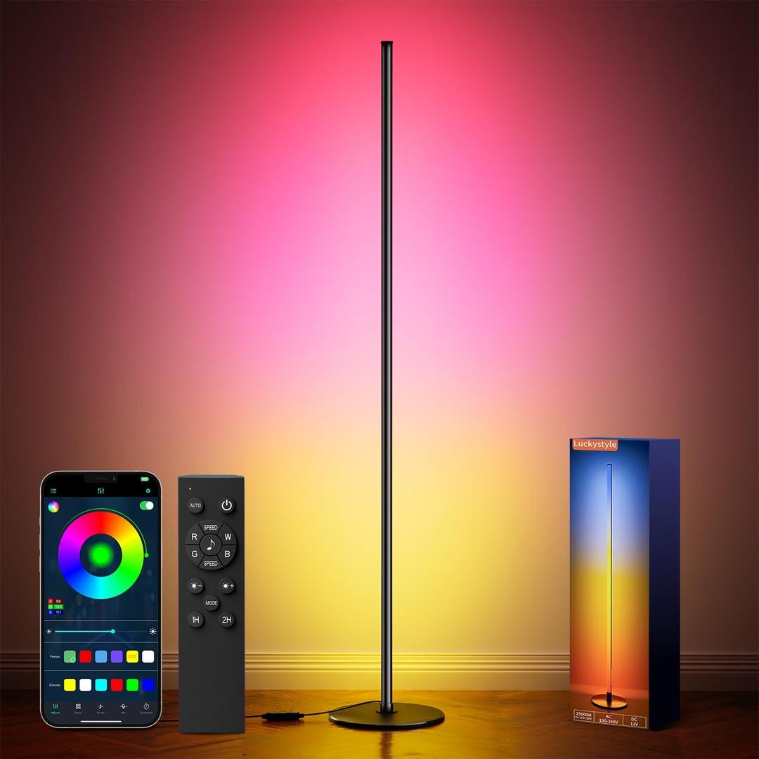 luckystyle Smart RGB Corner Floor Lamp,Bright LED Tall Modern Floor Lamp with APP and Remote,Ambient Lighting Color Changing Standing Lamps with Music Mode and Timing for Living Room,Bedroom,Party (Black)