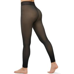 Fleece Lined Tights Footless Women Sheer Warm Pantyhose Leggings Toeless Fake Translucent Thermal Thick Winter No Feet Tights (Large, Black)