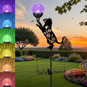 Cat Solar Lights Outdoor Garden Decor,40 Black Cat Stake with Color Changing Crackle Glass Ball Light,Metal Cat Silhouette Welcome Sign for Yard,Lawn,Pathway,Patio,Unique Gift Ideas