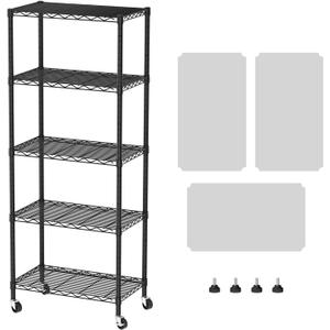 SINGAYE 5 Shelves Storage Shelf Wire Closet Bathroom Organizers Metal Pantry Kitchen Garage Shelving Unit Laundry Room Organization Home Rack Net Basket Black with Wheels