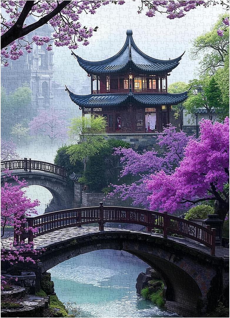 PICKFORU Plum Blossom Dreamscape Puzzles for Adults 1000 Pieces, Vintage Flower Tree Scenery Puzzles, Impossible Unique Lake Park Theme as Home Decor