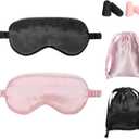 Silk Satin Sleeping Mask Eye Mask Set Include 2 Blindfold Eyeshade Elastic Strap Double Layer Silk Filling Eye Cover 2 Ear Plugs 2 Storage Bags for Women and Men Sleep Travel Nap (Black, Pink) (Black, Taro Purple)