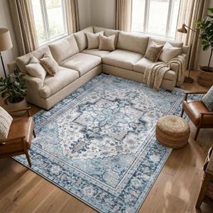 8x10 Washable Area Rug for Living Room, Large Vintage Distressed Bedroom Rug, Non-Slip, Low Profile & Oeko-TEX Safe for Crawling Toddlers & Pets, Stain Resistant Under Table Rug, Light Blue