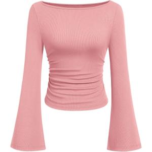 PRETTYGARDEN Womens Long Sleeve Shirts 2026 Spring Crop Going Out Tops Casual Boat Neck Bell Sleeve Ribbed Ruched Y2K Clothes (Medium, Pink)