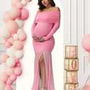 Maternity Long Sleeve Off Shoulder Baby Shower Dress Party Mesh Paneled Split Maxi Photography Gown for Photoshoot (Pink, S)