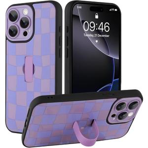 SOKAD for iPhone 16 Pro Max Case with Finger Strap Kickstand, Cute Checkered Checkerboard Phone Case with Finger Hand for Women Men, Slim Full Camera Protection Shockproof Case Cover, Purple
