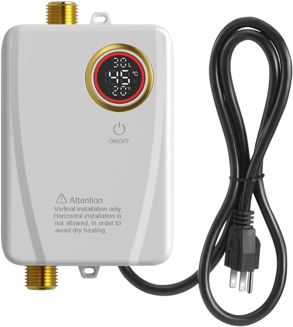 Tankless Water Heater Electric 110V, 3000W Instant Portable On-Demand Hot Water for Sink, RV Kitchen, Camping, Digital Display (White),Use in Environments Above 32F, Lower Flow = Higher Heat