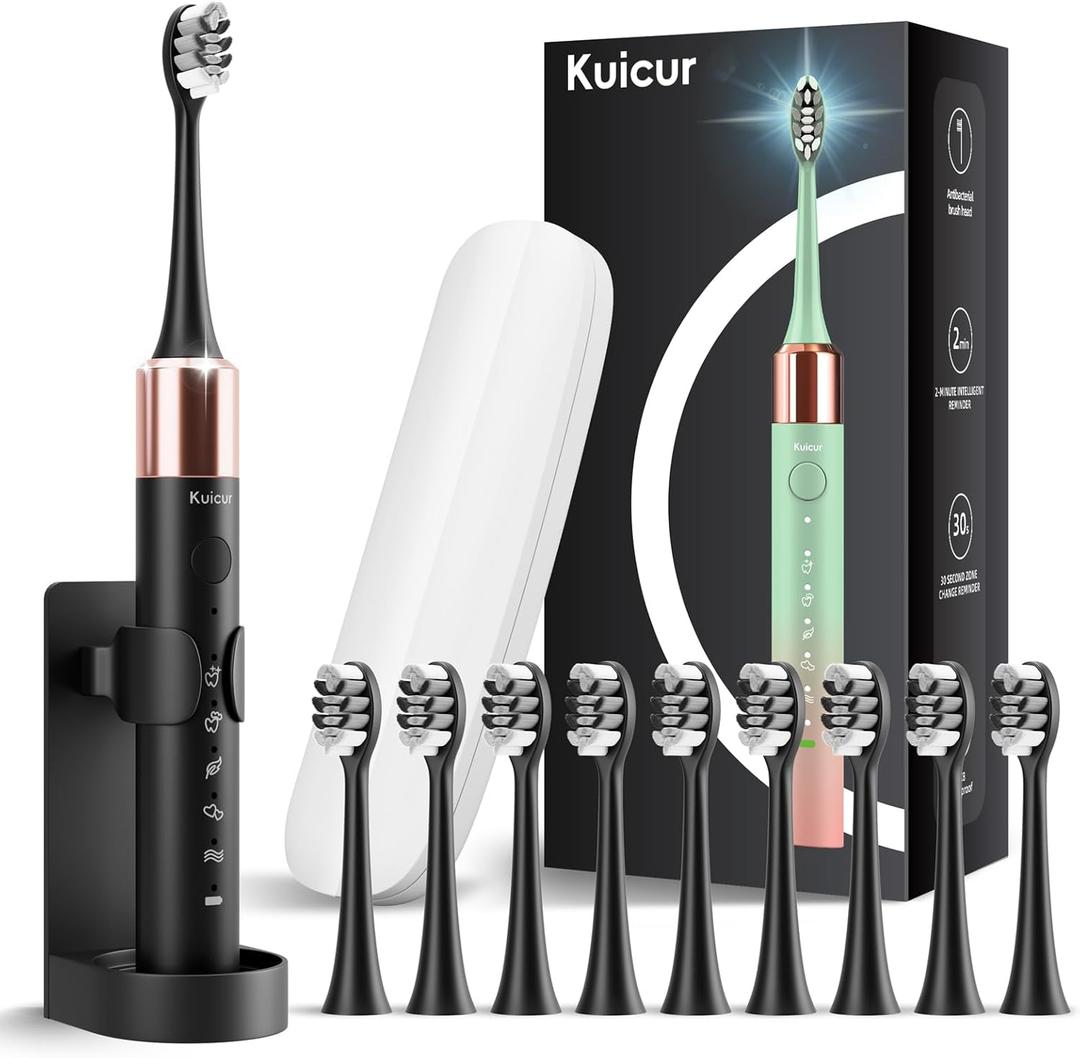 Kuicur Sonic Electric Toothbrush for Adults and Kids, Comes with 10 Brush Heads & Travel Case, 5 Modes with 2 Minutes Built in Smart Timer, One Charge for 90 Days, 42,000 VPM Motor (Black)