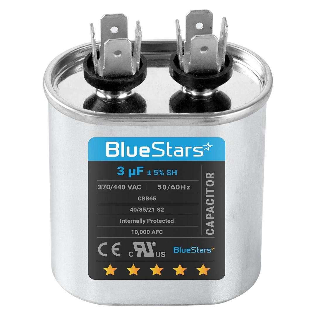 [UL Listed] BlueStars 3 uF MFD 5% 370-440VAC Volt CBB65 Oval Run Start Capacitor 50/60 Hz AC Electric Replacement Part - for Central Air-Conditioners Heat Pumps Condenser Fan Motors AC Compressors