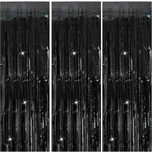 3 Pack Black Party Streamers Backdrop Tinsel Foil Fringe Curtains Halloween Party Decorations Birthday Wednesday Party Decorations Graduation Halloween Decor Party Supplies