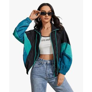 SweatyRocks Women's Lightweight Windbreaker Patchwork Zipper Sport Jacket Coat Outerwear Large