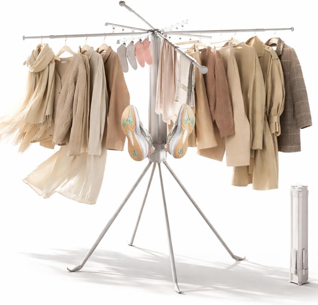 Four-Legged Clothes Drying Rack, Foldable & Collapsible Laundry Drying Rack, Drying Rack Clothing with Sock Clips & 4 Shoe Holders, Space-Saving Rack for Indoor and Outdoor Use