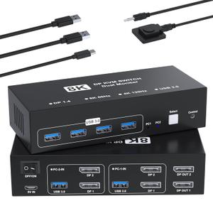 8K@60Hz Displayport KVM Switch 2 Monitors 2 Computers, 4K@120Hz USB3.0 KVM Switch Display Port for 2 Computers Share Dual Monitors and 4 USB Devices, Computer Switch Monitor Switch for 2 Computers