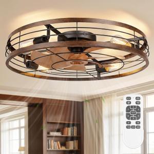 VOLISUN 27.6'' Caged Ceiling Fan with Light and Remote,Rustic Low Profile Ceiling Fan with Light Flush Mount, Farmhouse Bladeless Fandelier Ceiling Fans with Lights for Kitchen,Bedroom-Gold