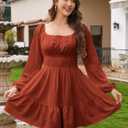 Florboom Women's Adjustable Square Neck Drawstring Dress Puff Long Sleeve Smocked Waist Mini Dresses (S)