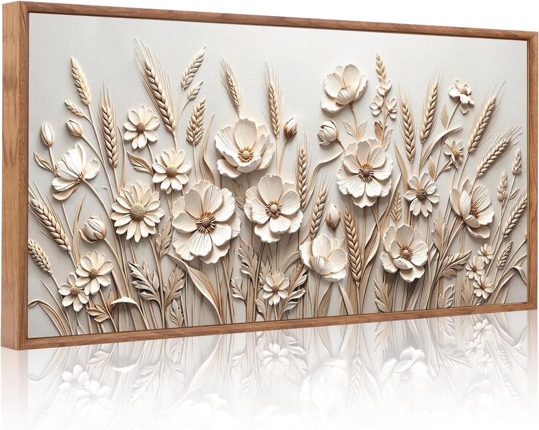 CHDITB 3D Textured Sculptural Wheat Bloom Wall Art,Neutral Beige Wall Decor | Floral Relief Canvas Painting, Warm Soothing Nature‑oriented Artwork Visual Prints for Living Room Bedroom Cottage 40"x20"
