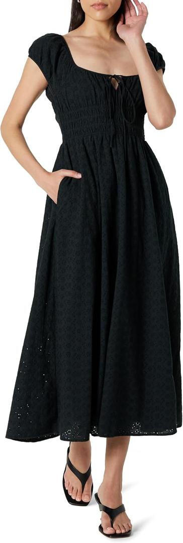 The Drop Women's Melody Cap Sleeve Tie Front Cotton Dress (Black)