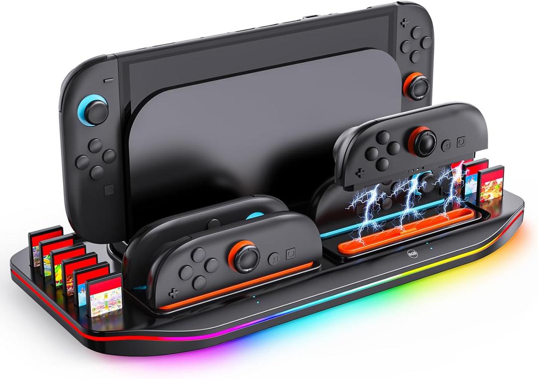 WeChip Multifunctional Charging Station for Switch 2-4 Joypad Controller Charger with LED Indicators, 9 RGB Light Effects, 12 Game Card Slots Desktop Organizer